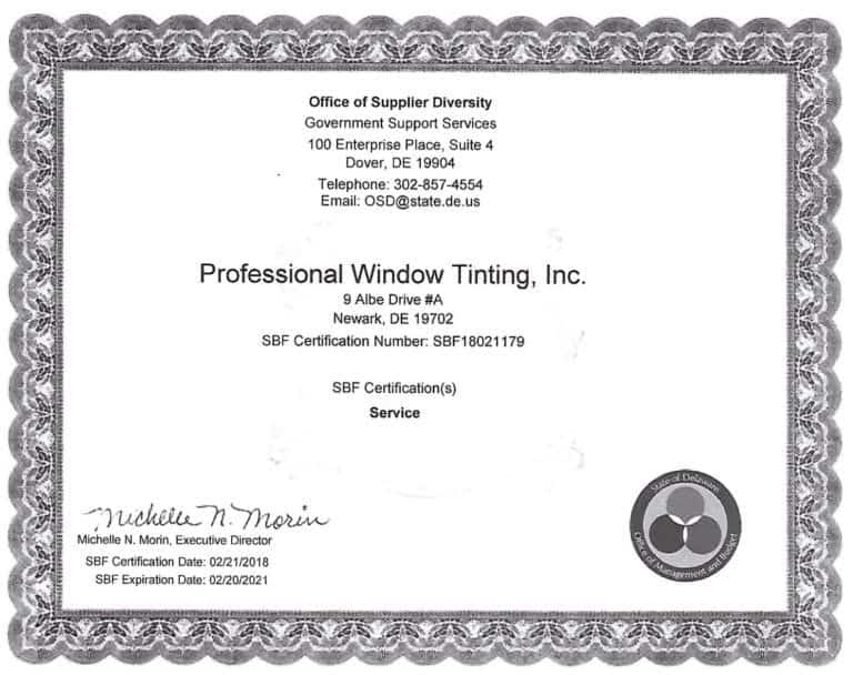 professional window tinting office of supplier certificate