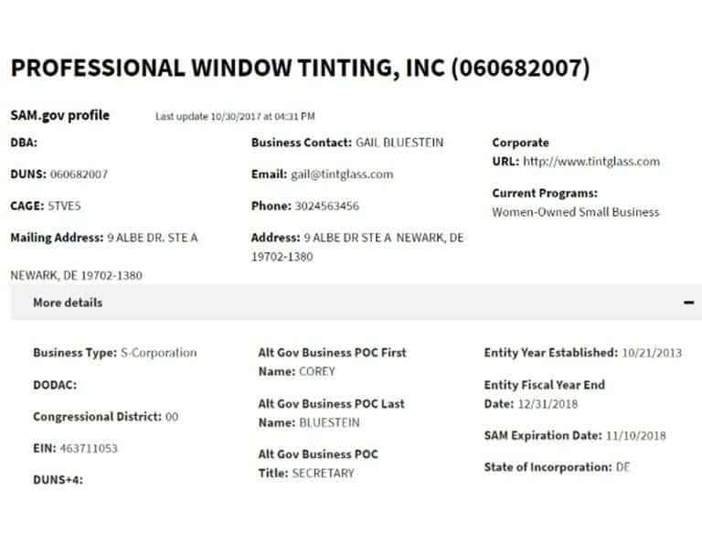 professional window tinting women owned sam business certificate