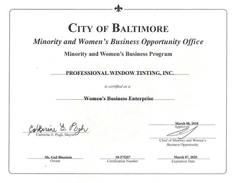 professional window tinting minority and women's business office certification