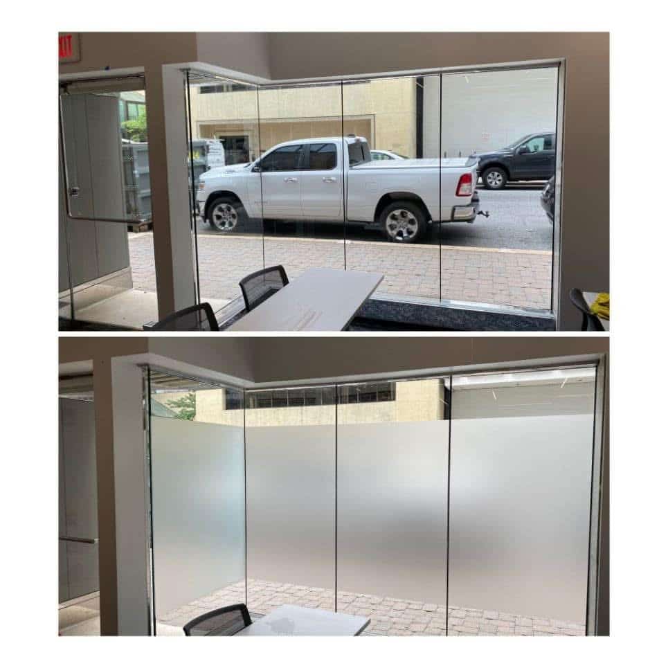 A before and after image of a street level wall of windows with and without privacy window film.