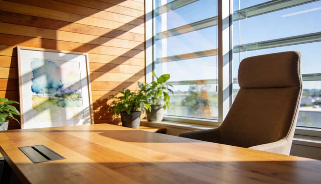 sunlight fading on artwork and wood in naturally lit office