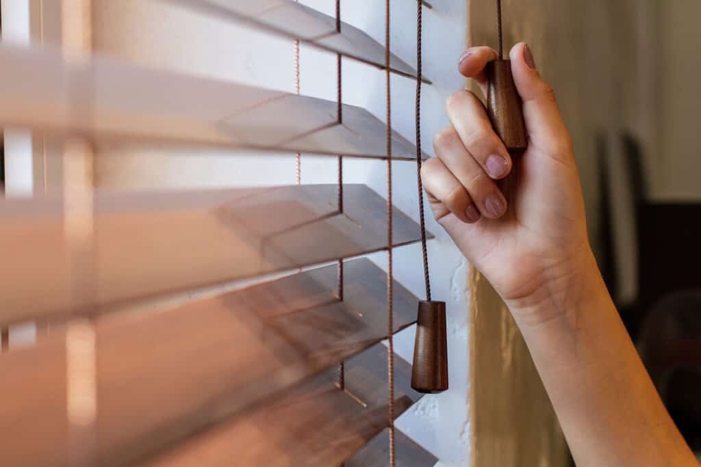 A beautiful set of wood-finished blinds.