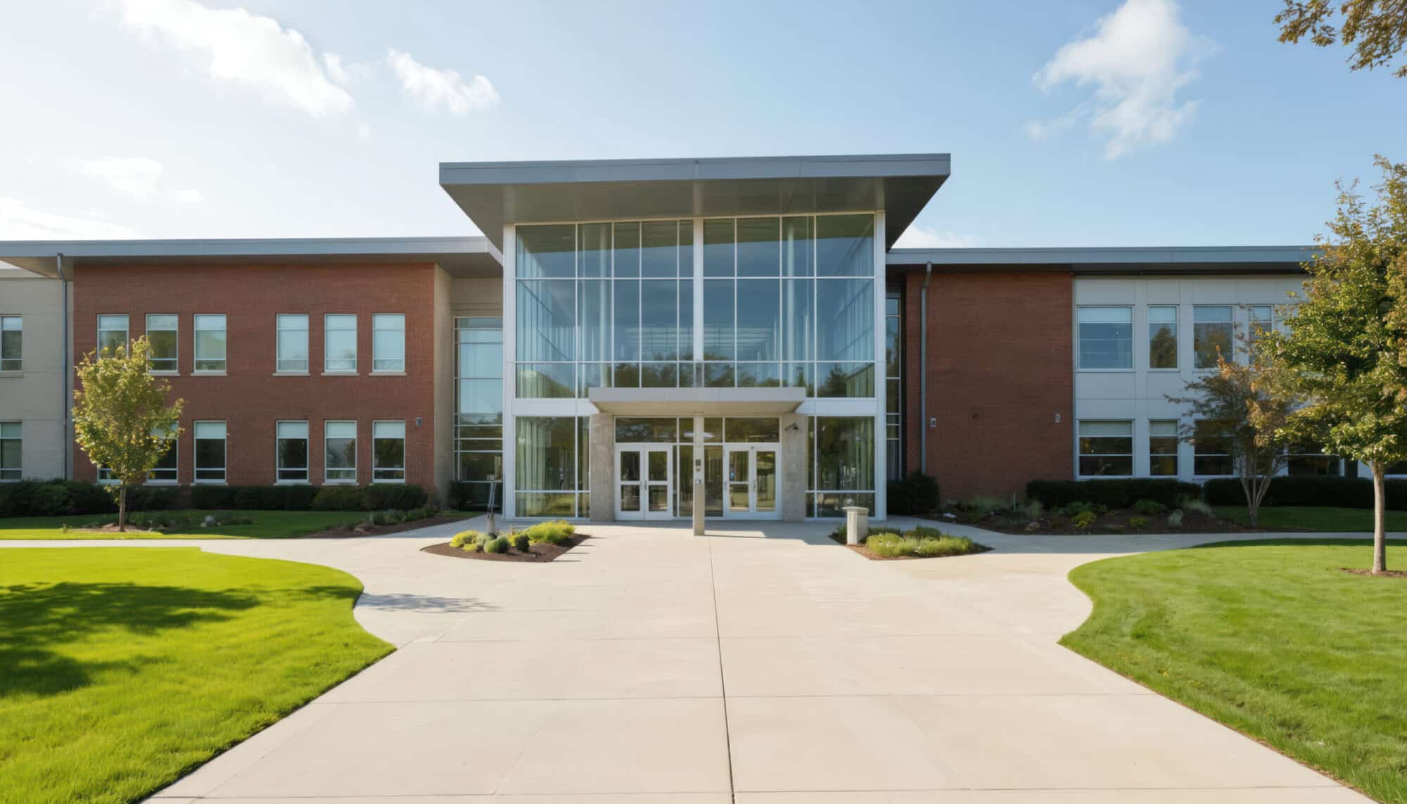 modern school building with large glass windows