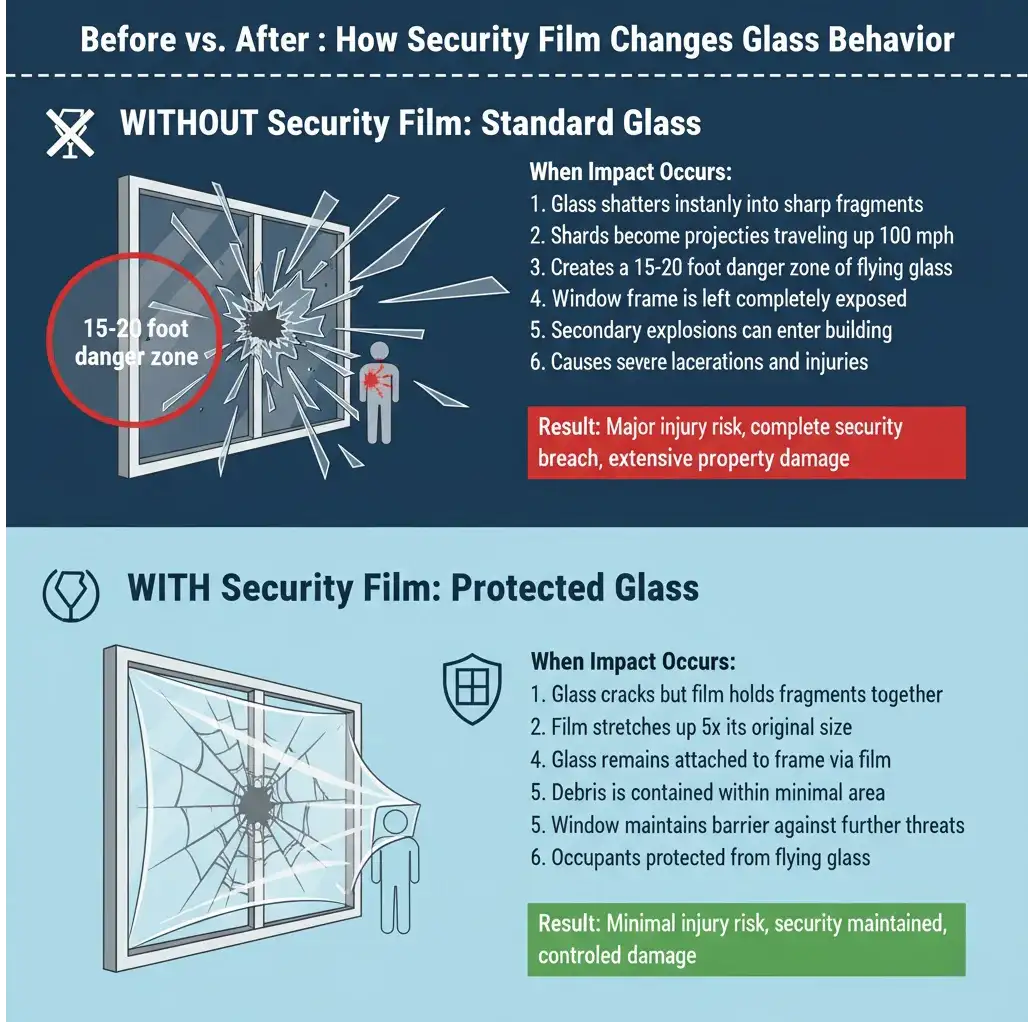 Diagram comparing standard glass shattering into shards with glass held together by security film