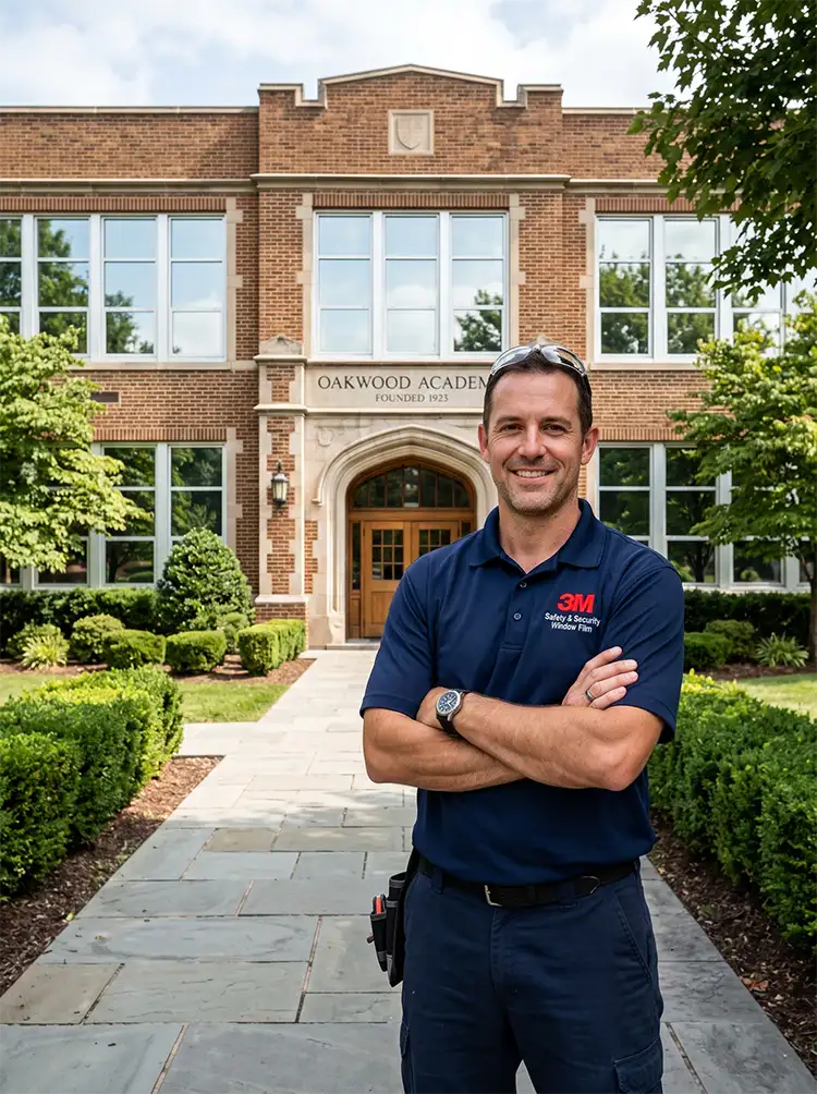 3M security window film installer at commercial school