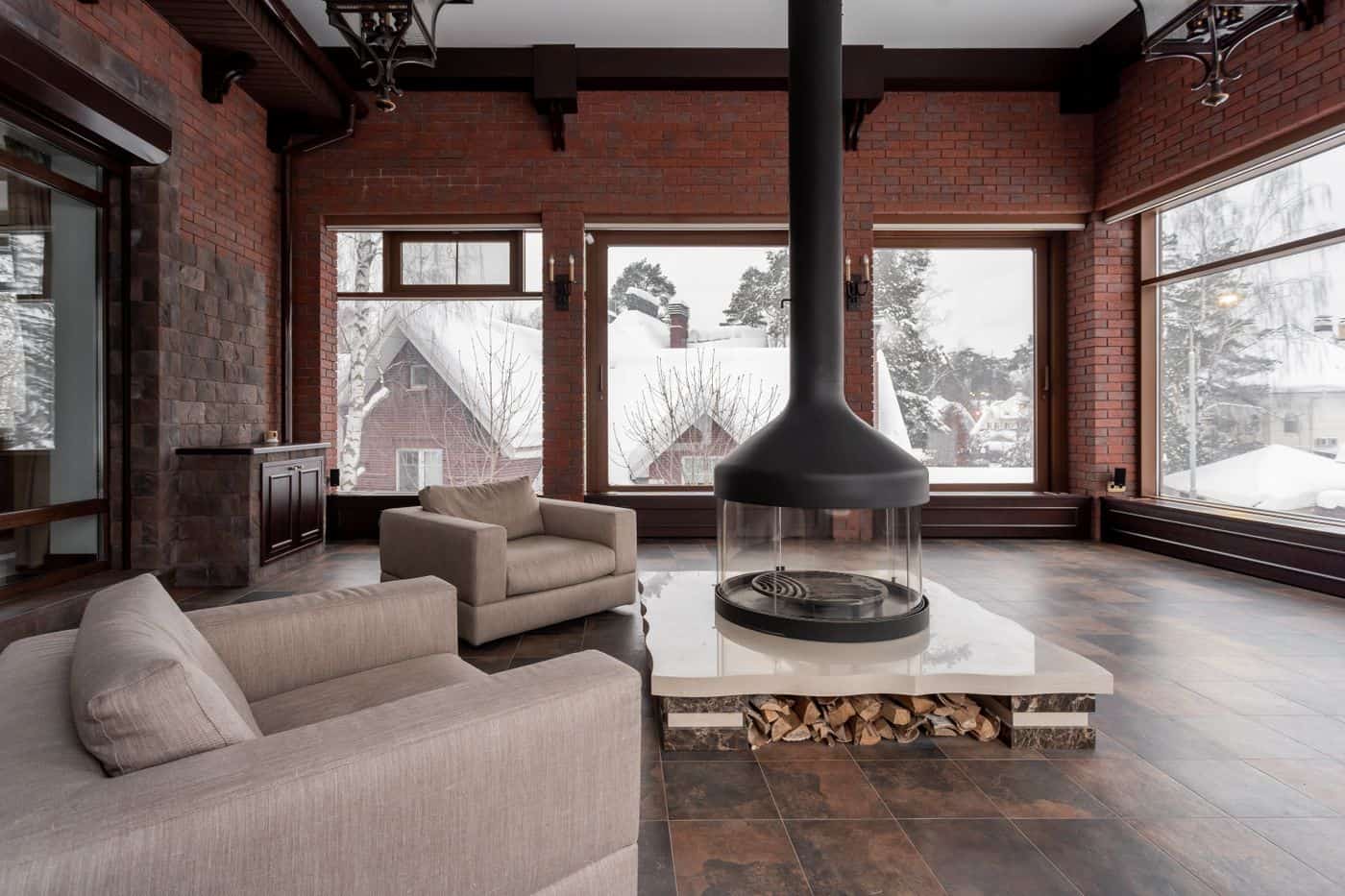 living room with insulating window film in winter