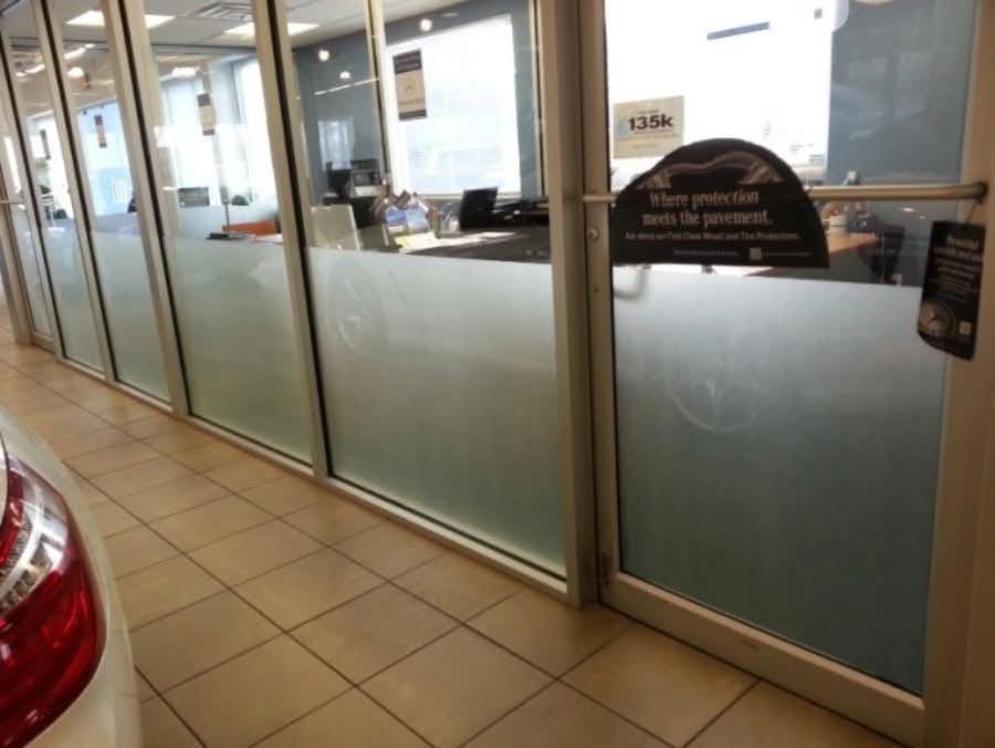 Clear sandblasted decorative window film at Mercedes dealership