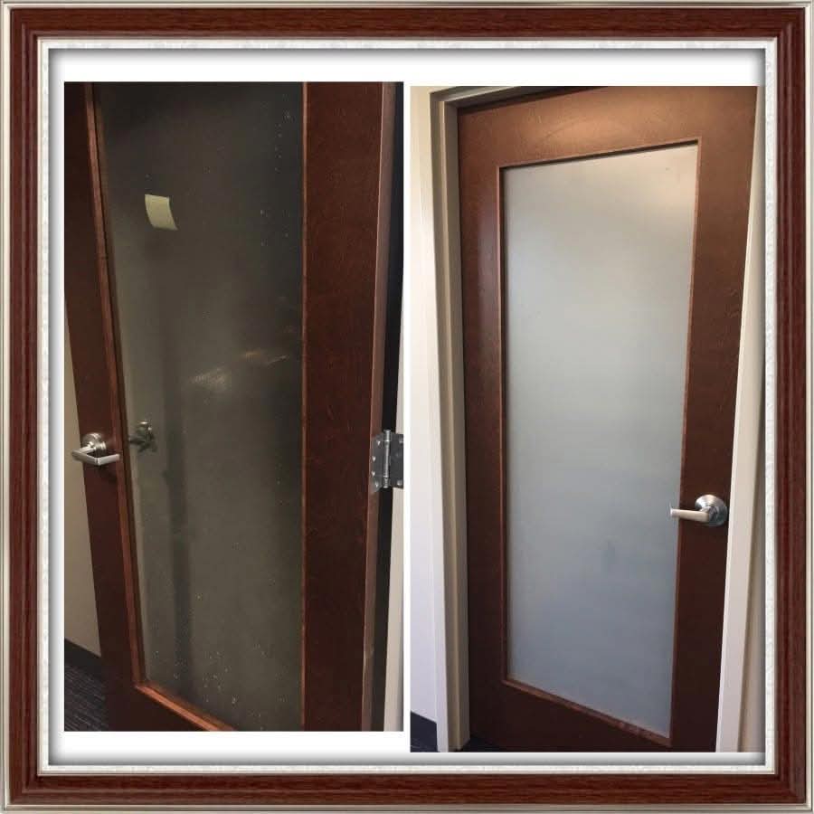 Before and after White Matte decorative privacy window film - frosted glass door