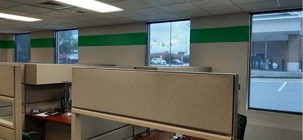 Commercial Shades at Bank: 3% solar charcoal shades, reverse roll